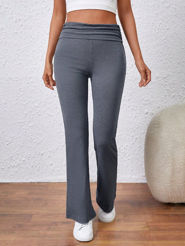 Essnce Women'S Side Pleated Flare Leggings With Foldover Waist