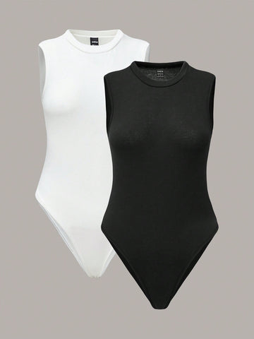 Women'S Simple Solid Color Sleeveless Bodysuit, Perfect For Layering