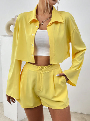 Women'S Single-Breasted Long Sleeve Shirt And Shorts Set