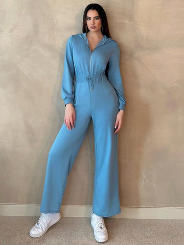 Women'S Solid Color Drawstring Waist Hooded Jumpsuit