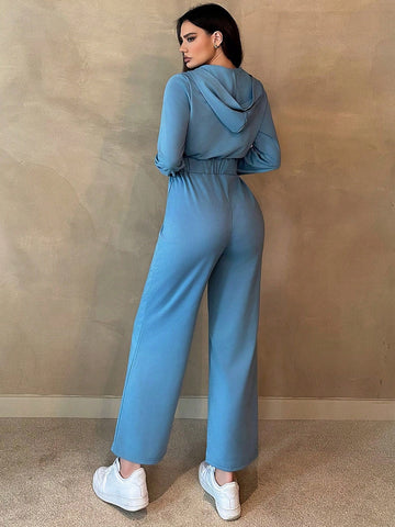Women'S Solid Color Drawstring Waist Hooded Jumpsuit