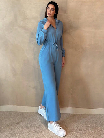 Women'S Solid Color Drawstring Waist Hooded Jumpsuit