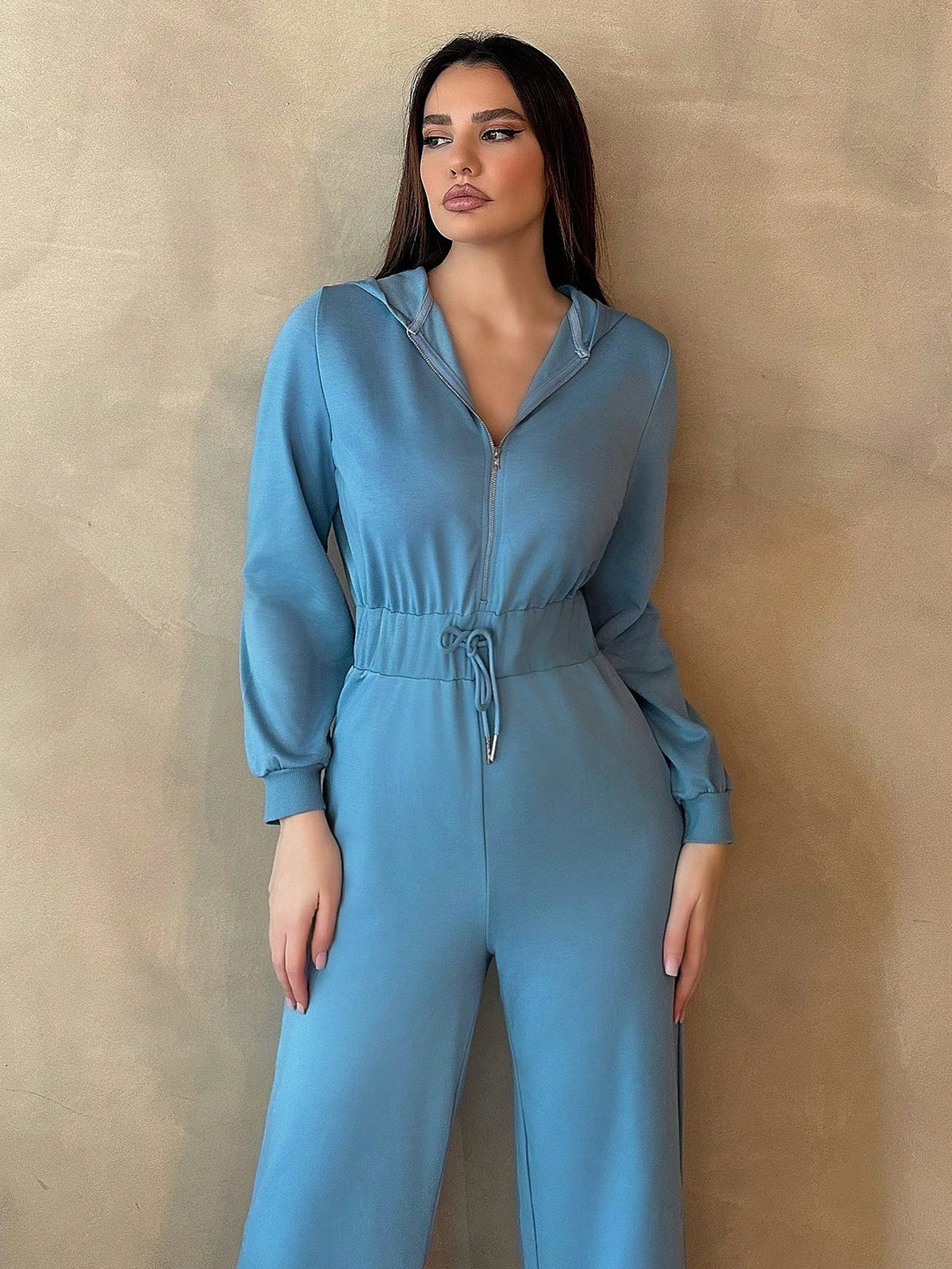 Women'S Solid Color Drawstring Waist Hooded Jumpsuit