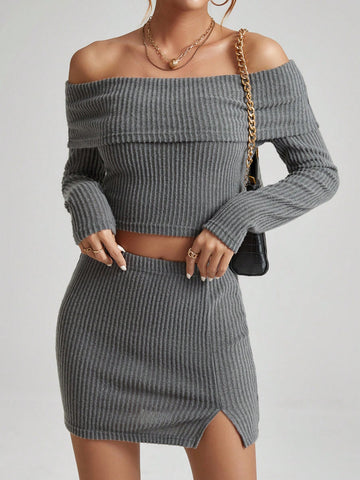 Women'S Solid Color Ribbed Off Shoulder T-Shirt And Slit Skirt Set