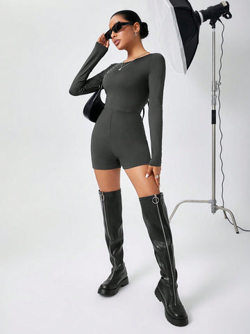 Women'S Solid Color Tight Strap Backless Jumpsuit Shorts