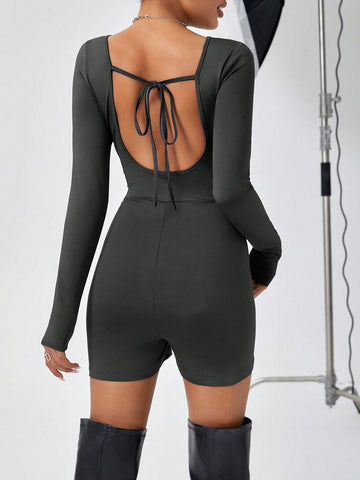 Women'S Solid Color Tight Strap Backless Jumpsuit Shorts