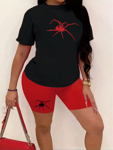 Women'S Spider Printed T-Shirt And Cycling Shorts Set