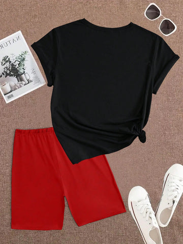 Women'S Spider Printed T-Shirt And Cycling Shorts Set