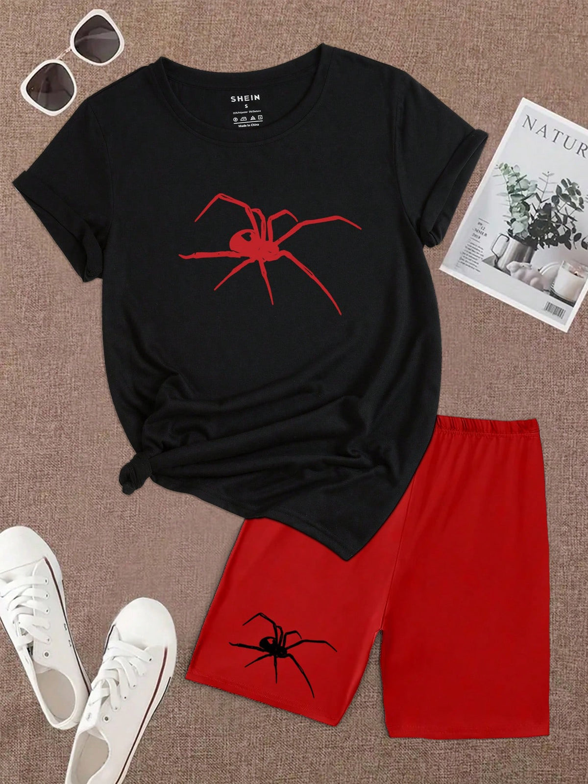 Women'S Spider Printed T-Shirt And Cycling Shorts Set