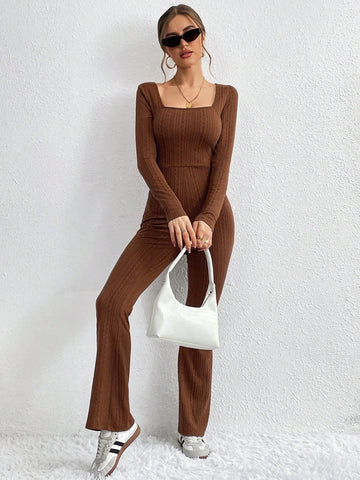 Women'S Square Collar Texture Unitard Jumpsuit