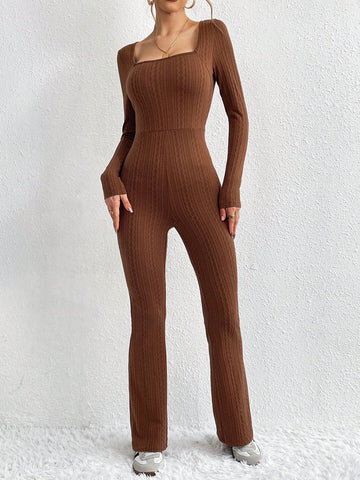 Women'S Square Collar Texture Unitard Jumpsuit