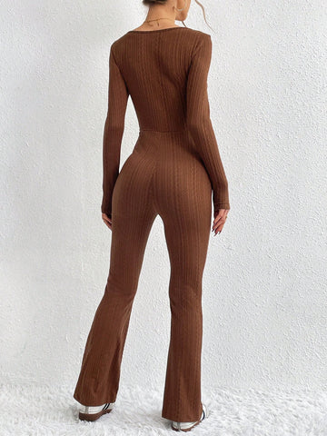 Women'S Square Collar Texture Unitard Jumpsuit