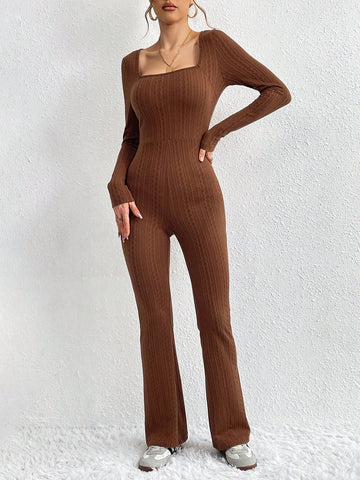 Women'S Square Collar Texture Unitard Jumpsuit