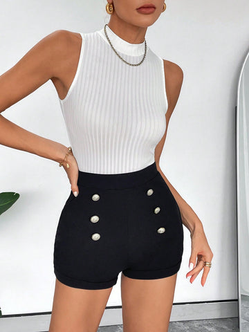 Women'S Summer Casual Commuting Solid Color Stand Collar Vest Shorts Set