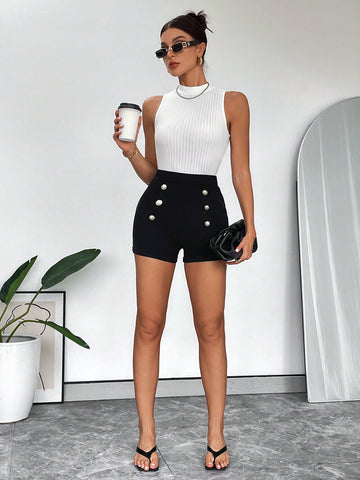 Women'S Summer Casual Commuting Solid Color Stand Collar Vest Shorts Set