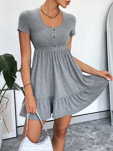 Women'S Summer Casual Grey Round Neck Ruffle Hem A-Line Dress