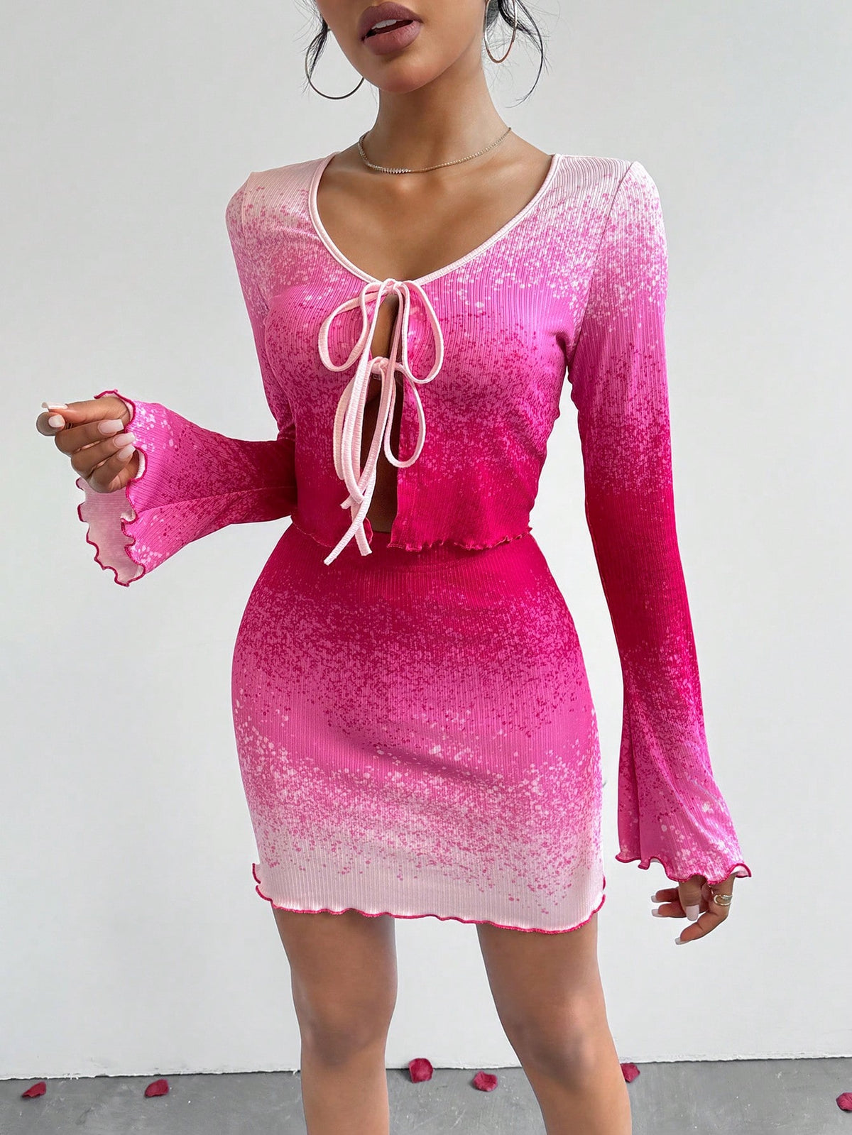 Women'S Valentine'S Day Pink Gradient Long Sleeve Top & Short Skirt Two Piece Outfit