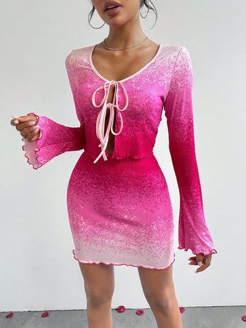 Women'S Valentine'S Day Pink Gradient Long Sleeve Top & Short Skirt Two Piece Outfit