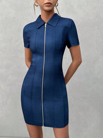 Essnce Women'S Zipper Denim Print Dress