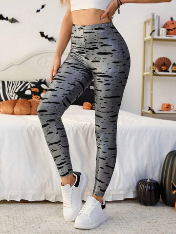 Essnce Women All-Over Print Casual Leggings,Halloween Outfits,Fall Pants,
