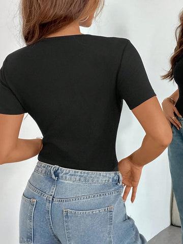 Women Black Mesh Panel Crew Neck Bodysuit