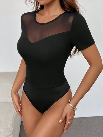 Women Black Mesh Panel Crew Neck Bodysuit