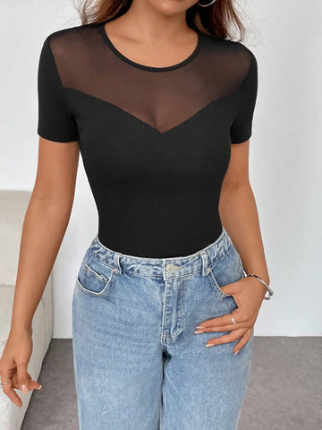 Women Black Mesh Panel Crew Neck Bodysuit