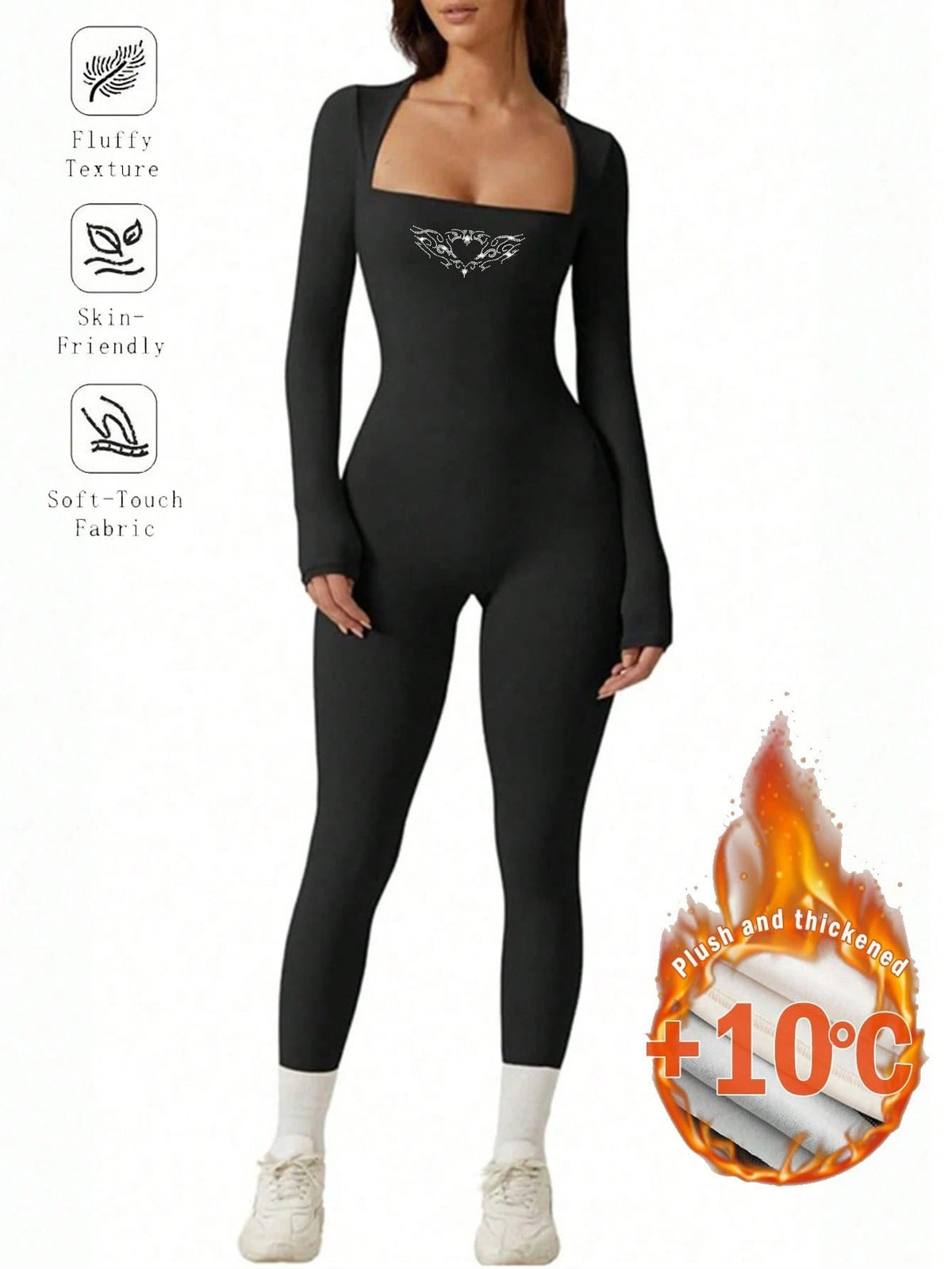 Women Black Mock Neck Casual Tight Fit Fleece Lined Long Sleeve Jumpsuit, Warm Basic For Autumn/Winter