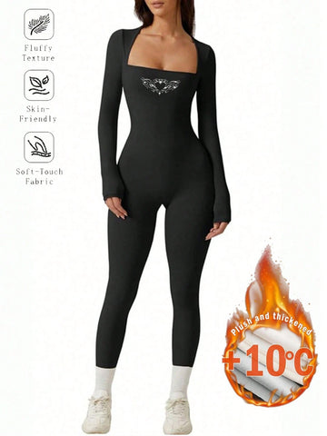 Women Black Mock Neck Casual Tight Fit Fleece Lined Long Sleeve Jumpsuit, Warm Basic For Autumn/Winter