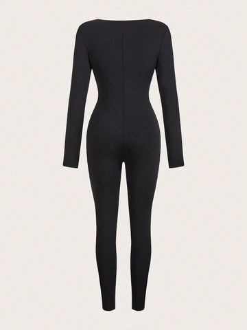 Women Black Mock Neck Casual Tight Fit Fleece Lined Long Sleeve Jumpsuit, Warm Basic For Autumn/Winter