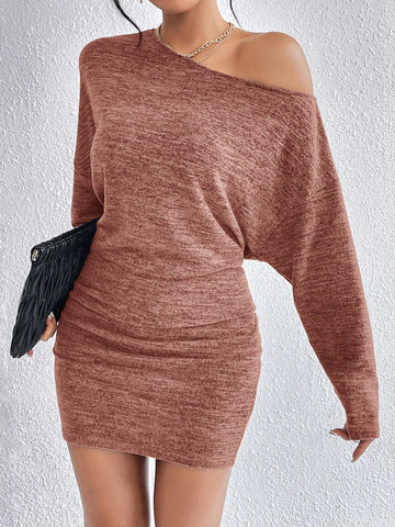 Women Casual Asymmetrical Collar Bodycon Dress, Autumn