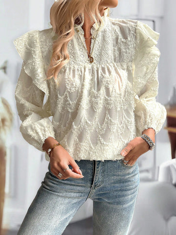 Essnce Women Casual Commuter Lace Patchwork Jacquard Fabric Long Lantern Sleeve Small V-Neck Blouse