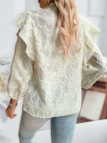 Essnce Women Casual Commuter Lace Patchwork Jacquard Fabric Long Lantern Sleeve Small V-Neck Blouse