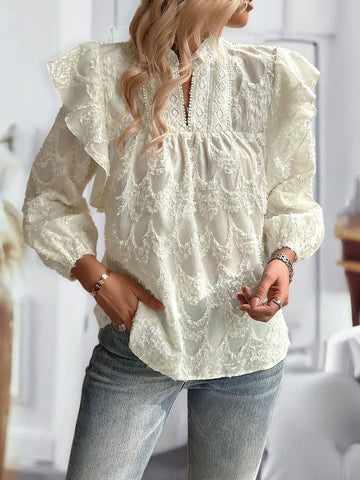 Essnce Women Casual Commuter Lace Patchwork Jacquard Fabric Long Lantern Sleeve Small V-Neck Blouse