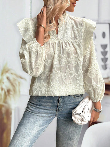 Essnce Women Casual Commuter Lace Patchwork Jacquard Fabric Long Lantern Sleeve Small V-Neck Blouse