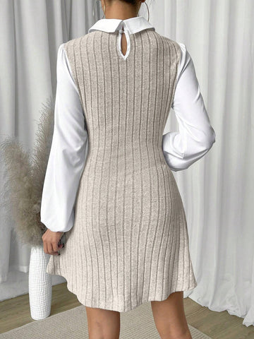 Women Casual Contrasting Color Block Lantern Sleeve 2 In 1 Dress, Autumn