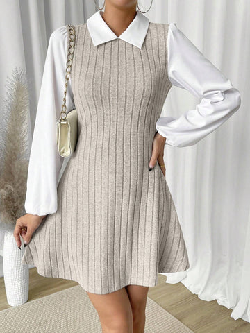 Women Casual Contrasting Color Block Lantern Sleeve 2 In 1 Dress, Autumn