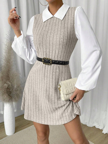 Women Casual Contrasting Color Block Lantern Sleeve 2 In 1 Dress, Autumn