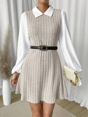 Women Casual Contrasting Color Block Lantern Sleeve 2 In 1 Dress, Autumn