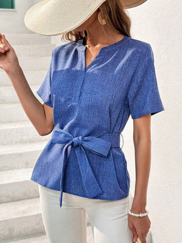 Holiday Denim-Like Notched Collar Short Sleeves Shirt