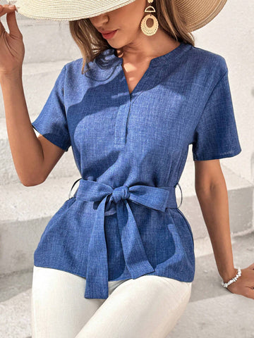 Holiday Denim-Like Notched Collar Short Sleeves Shirt