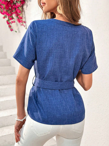 Holiday Denim-Like Notched Collar Short Sleeves Shirt