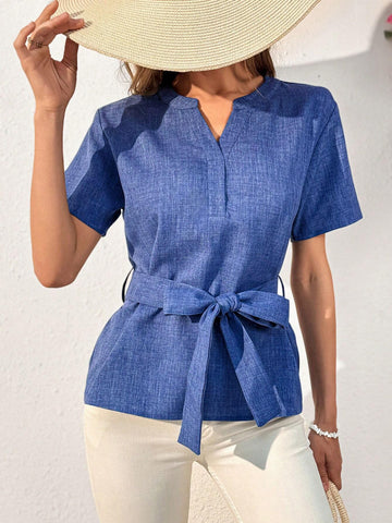 Holiday Denim-Like Notched Collar Short Sleeves Shirt