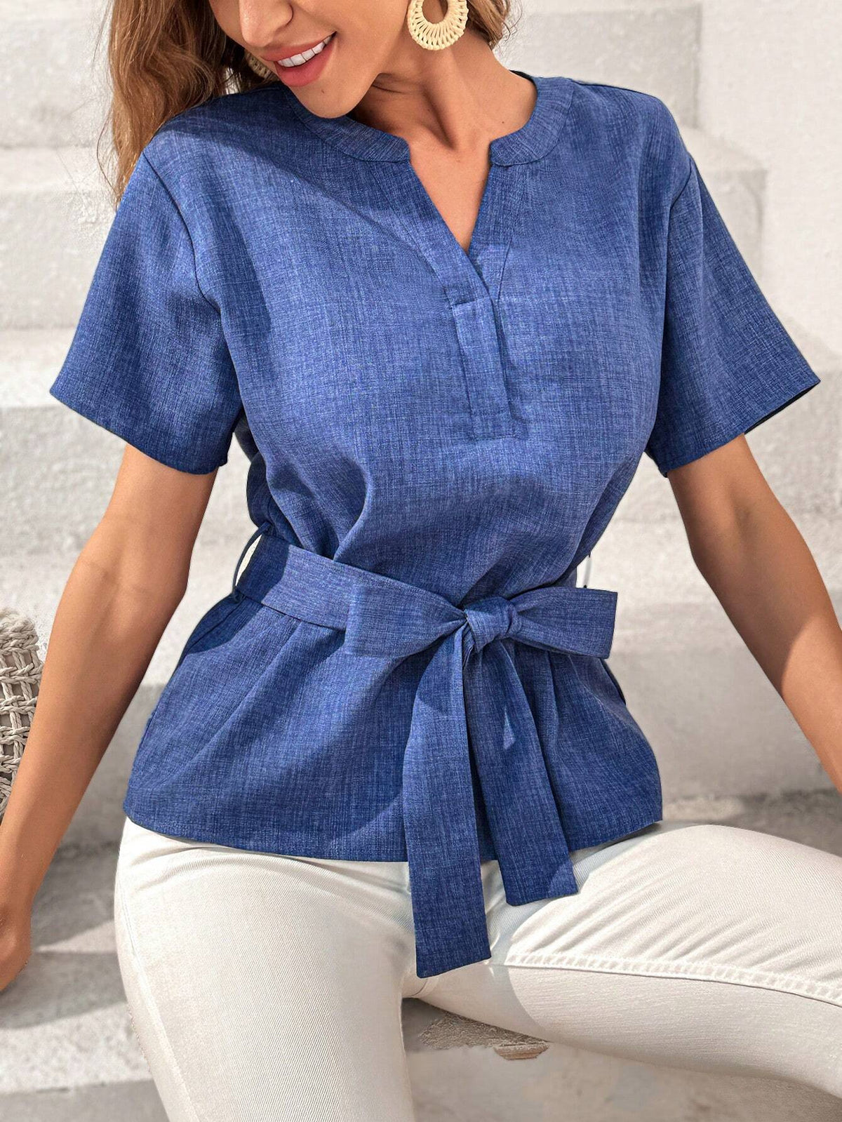 Holiday Denim-Like Notched Collar Short Sleeves Shirt