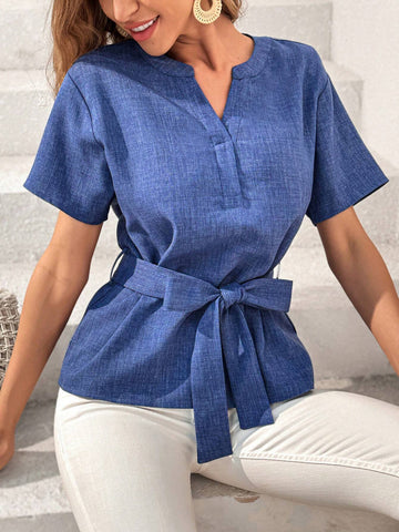 Holiday Denim-Like Notched Collar Short Sleeves Shirt
