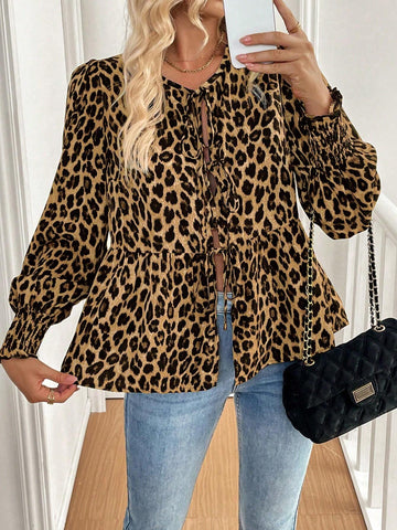 Essnce Women Casual Leopard Print Retro Front Tie Up Collar Long Sleeve Blouse