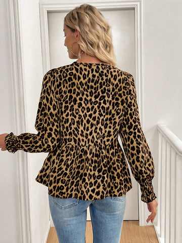 Essnce Women Casual Leopard Print Retro Front Tie Up Collar Long Sleeve Blouse