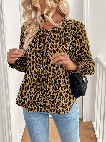 Essnce Women Casual Leopard Print Retro Front Tie Up Collar Long Sleeve Blouse