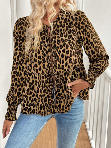 Essnce Women Casual Leopard Print Retro Front Tie Up Collar Long Sleeve Blouse