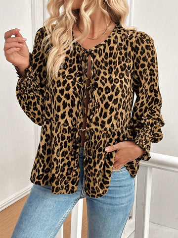 Essnce Women Casual Leopard Print Retro Front Tie Up Collar Long Sleeve Blouse